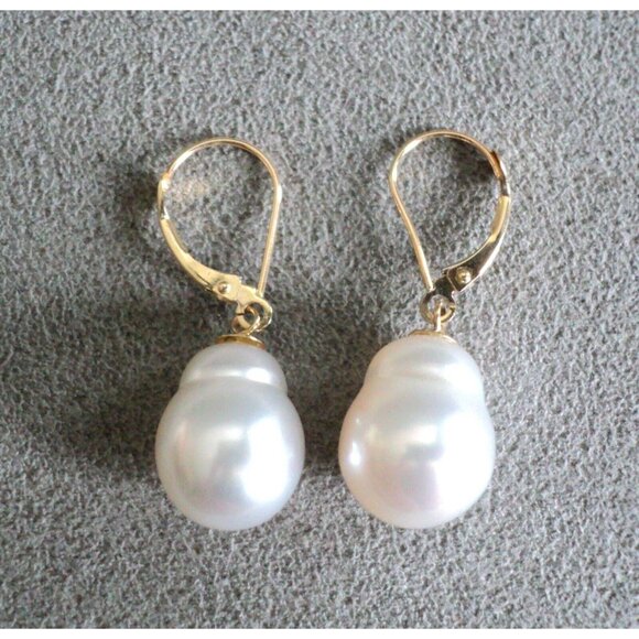 Big Luminous Baroque PEARL EARRINGS 14K Yellow GOLD Lever Back 1.25" Dangle - Picture 5 of 8